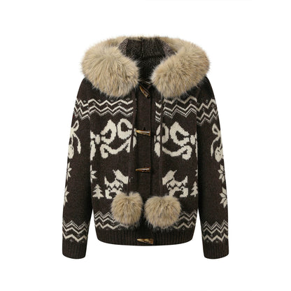 Fair Isle Fur Collar Toggle Buttons Knit Coat
