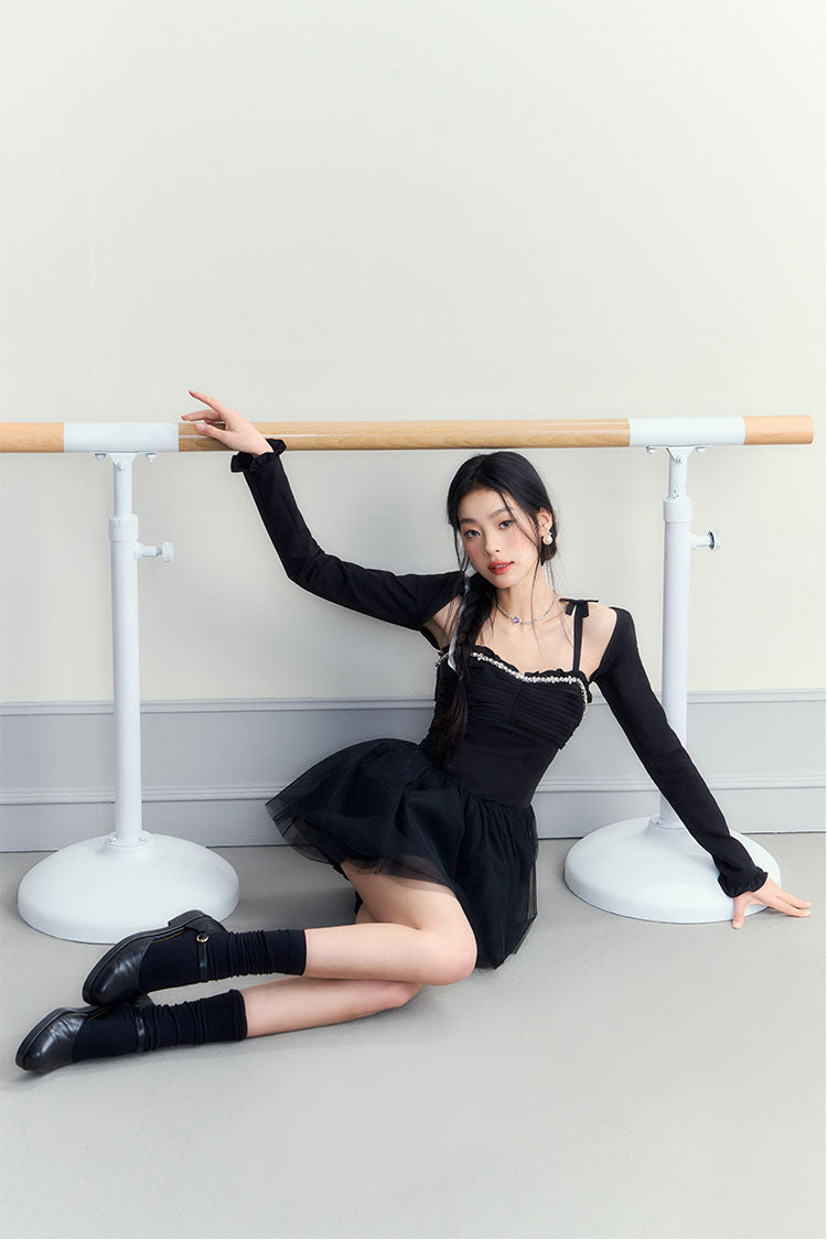 Black Ballet Vintage Slim Halter Puffy Mini Dress - CHINASQUAD