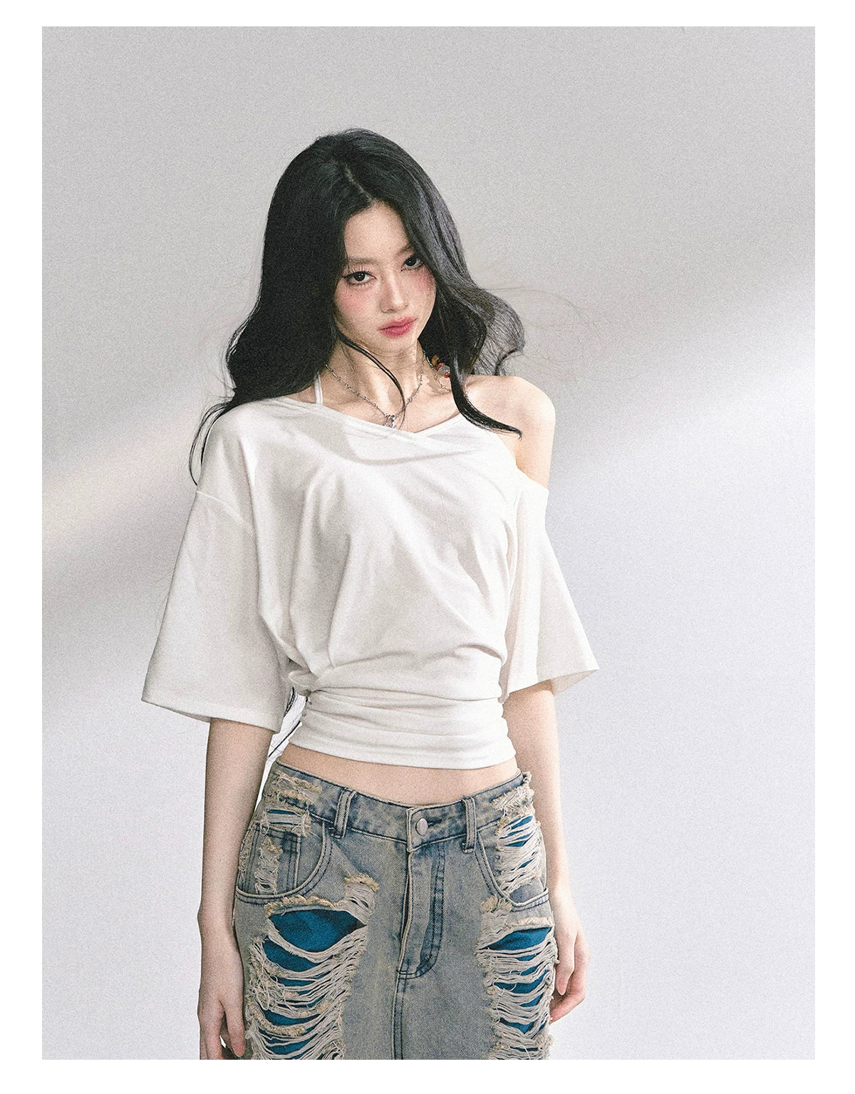 Asymmetric Short-Sleeve Halter Crop T-Shirt