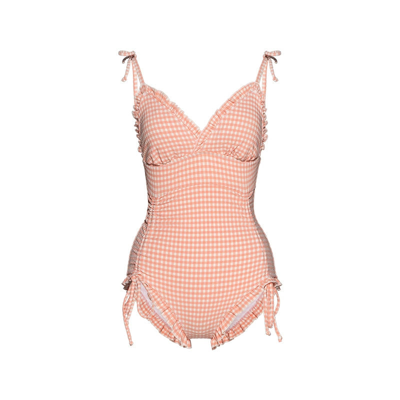 Green &amp; Pink Plaid Lace-Up One-Piece Swimsuit