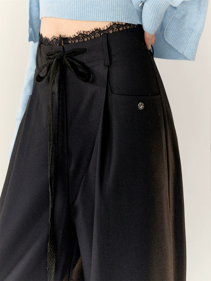 Lace Spliced High-Waisted Straight-Leg Wide Pants