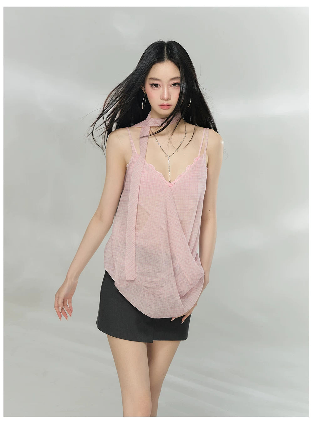Asymmetric Ribbon Tie Sheer V-Neck Camisole