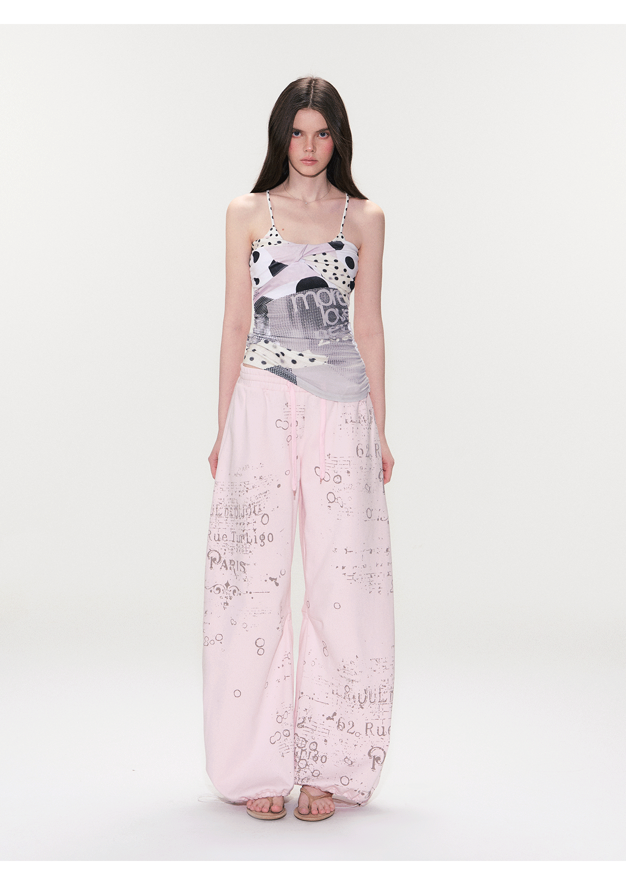 Vintage Graphic Drawstring Wide-Leg Pants