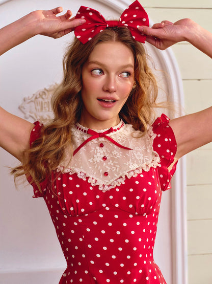 Red Sweet Collegiate Polka Dot Lace Dress