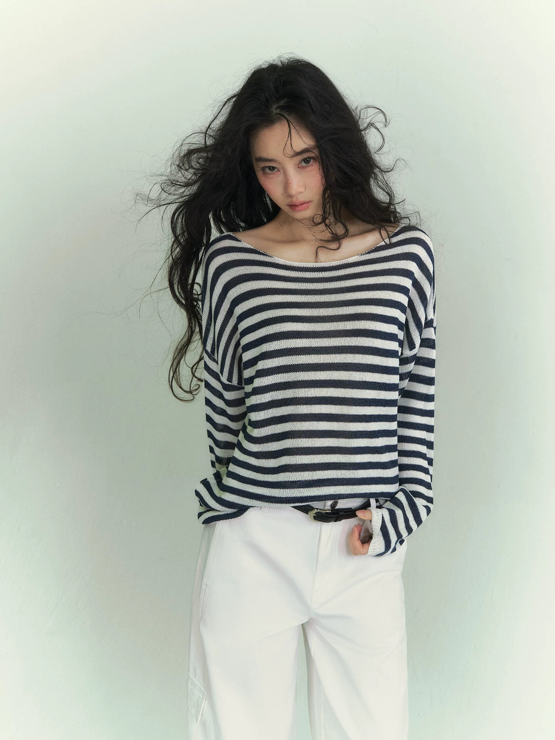 Washi Yarn Striped Off-Shoulder Long Sleeve Knit Top