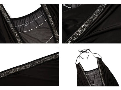 Black Draped Neck Mesh-Knit Halter Top