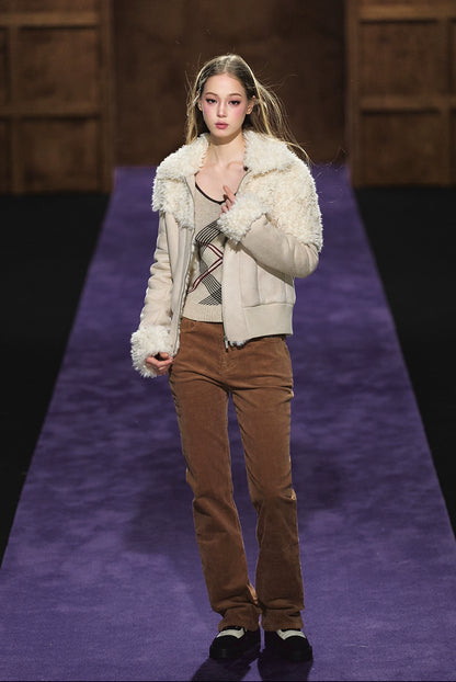 Faux Shearling Fitted Fur-Collar Jacket