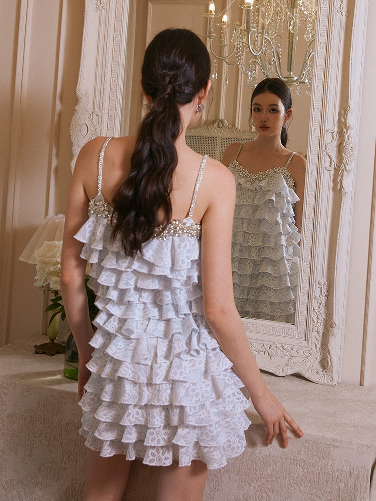 Blue &amp; White Lace Tiered Camisole Dress