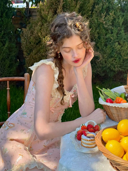 Vintage Pastoral Printed Lace Slip Dress