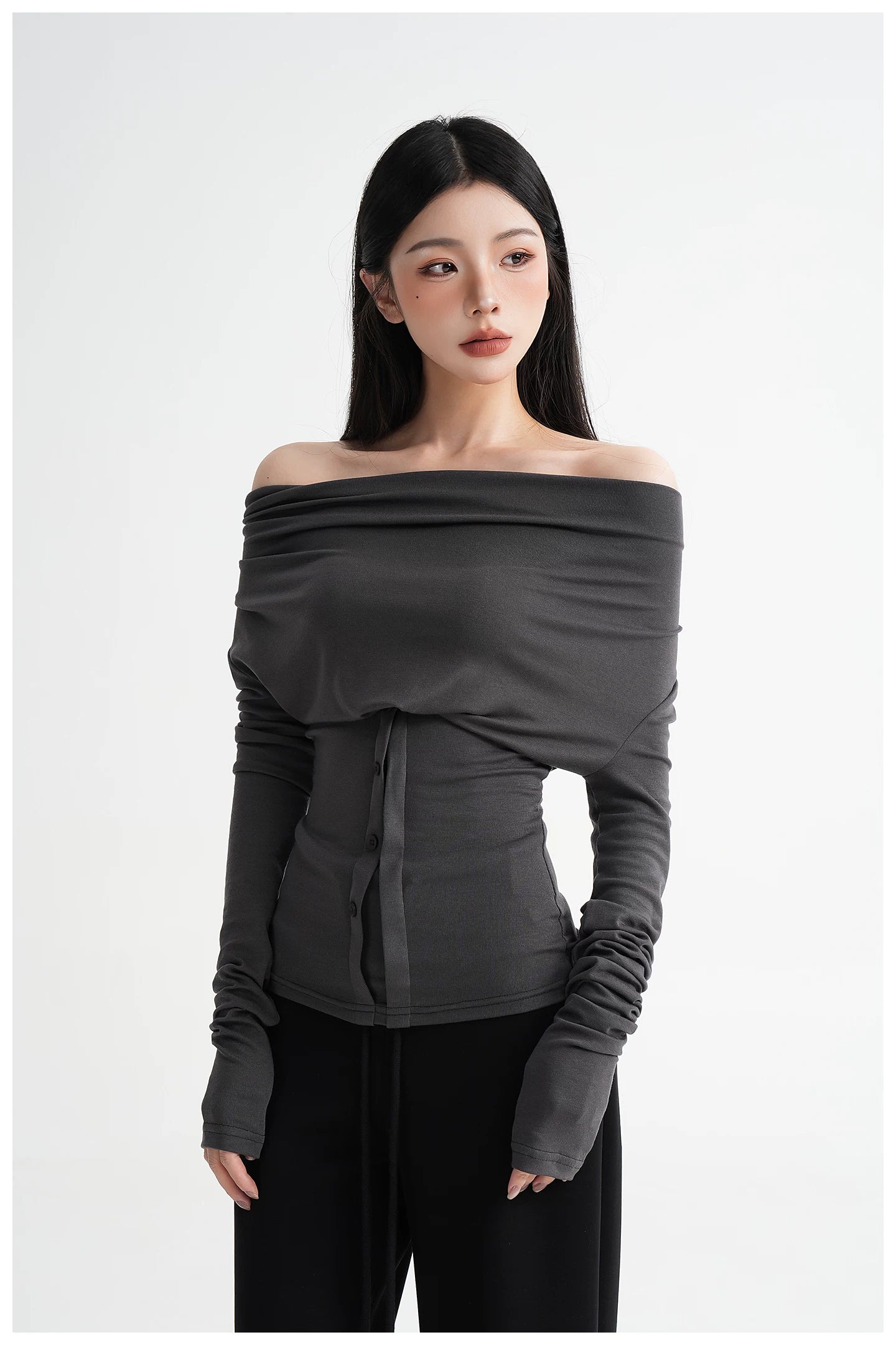 Neck Off-Shoulder Fitted Long Sleeve T-Shirt