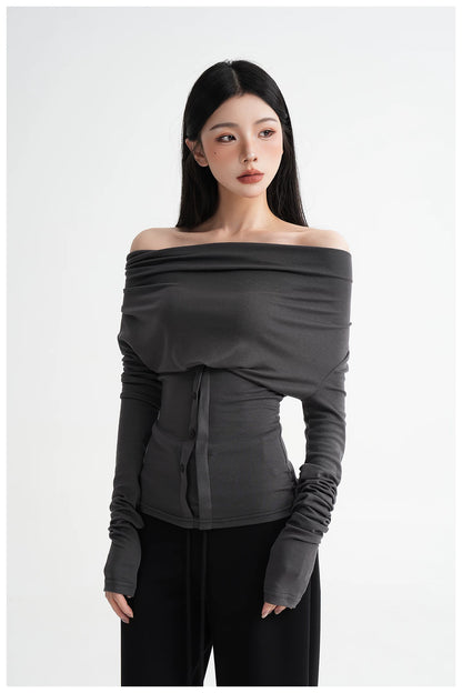 Neck Off-Shoulder Fitted Long Sleeve T-Shirt