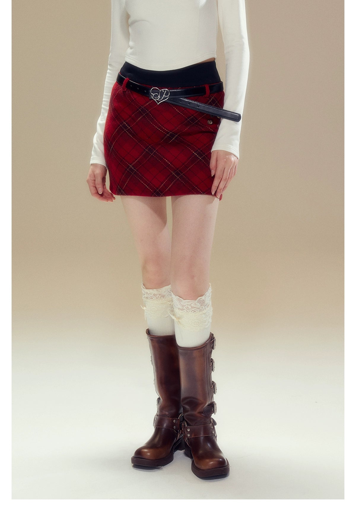 Red Vintage Plaid Woolen Skirt - CHINASQUAD