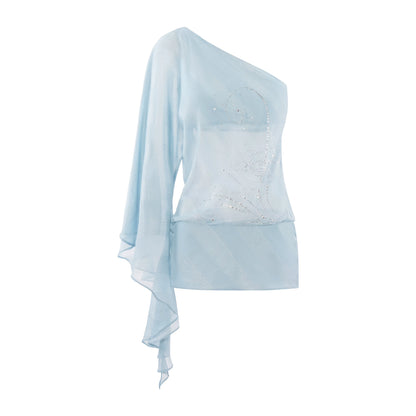 Ice Blue Asymmetric Shimmer Chiffon Bodycon Dress