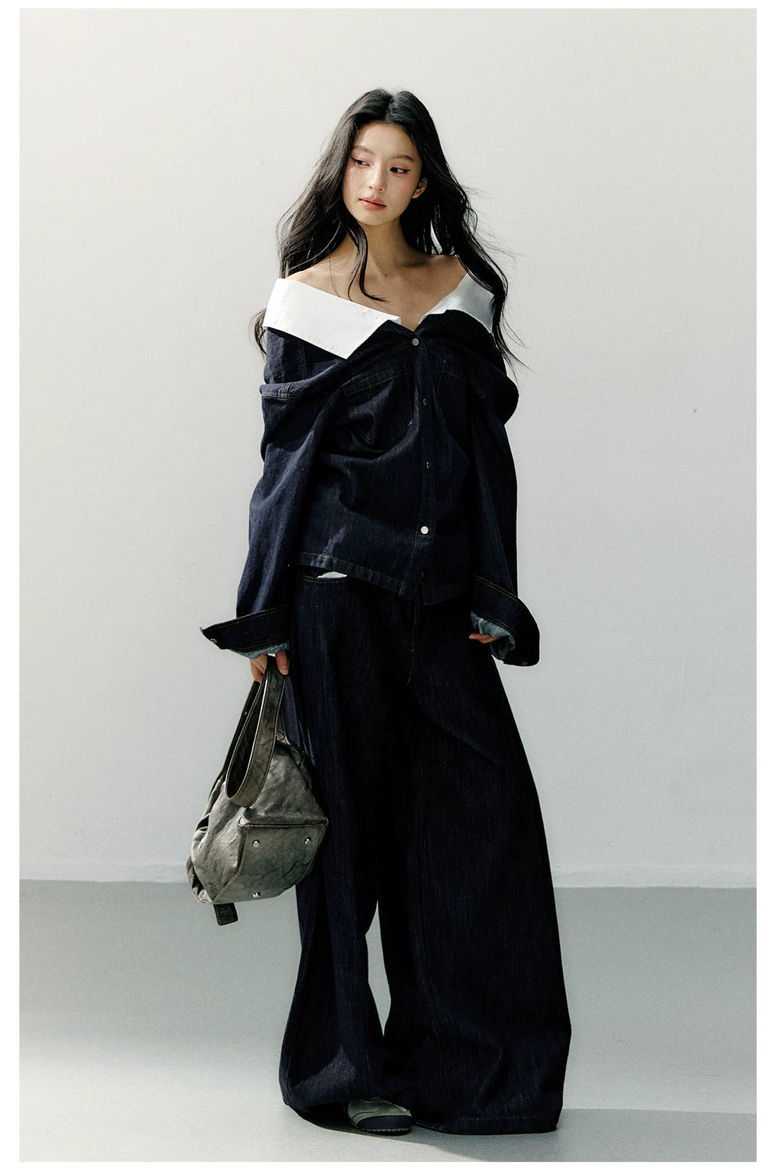 Off-Shoulder Denim Long Sleeve Shirt