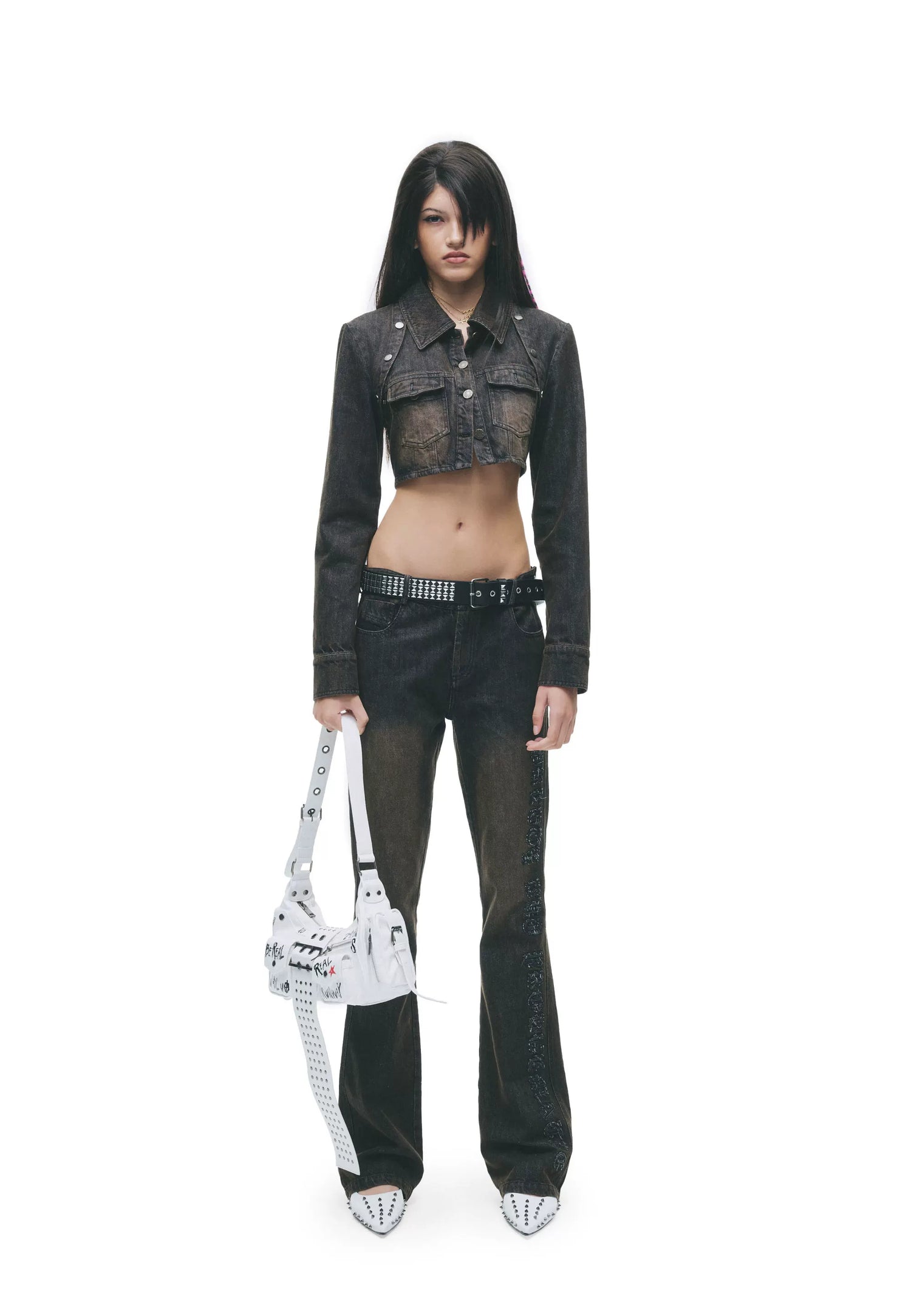 Y2K Washed Denim Cropped Set with Embroidered Patch Detail