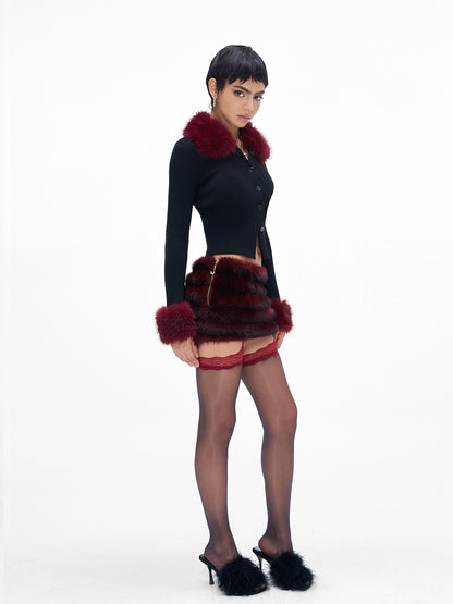Fur-Collar Knit Cape &amp; Fuzzy Bodycon Skirt Set