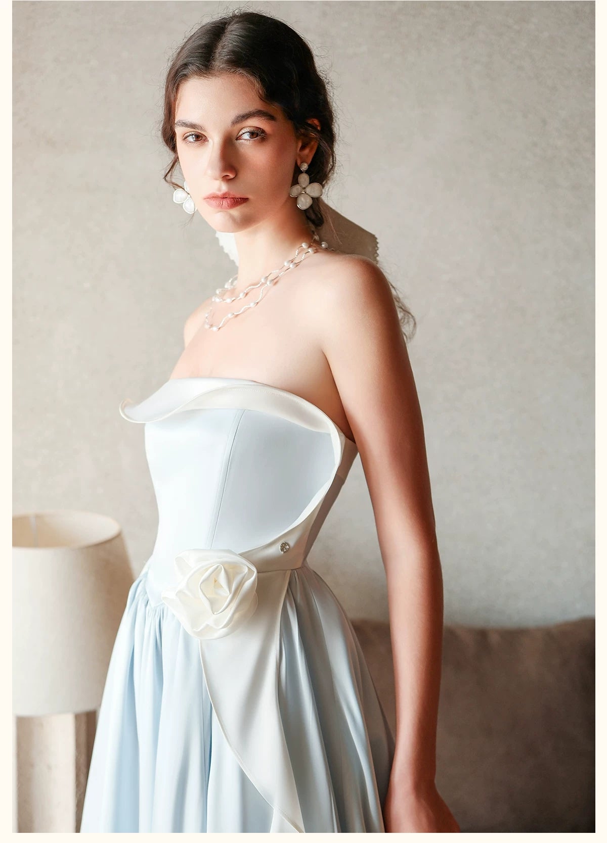 Satin Floral Bubble Hem Strapless Dress