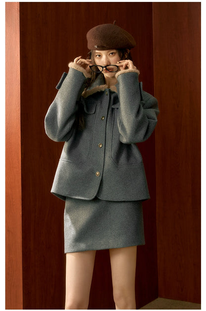 Gray Wool Velvet Jacket &amp; Skirt Set - CHINASQUAD