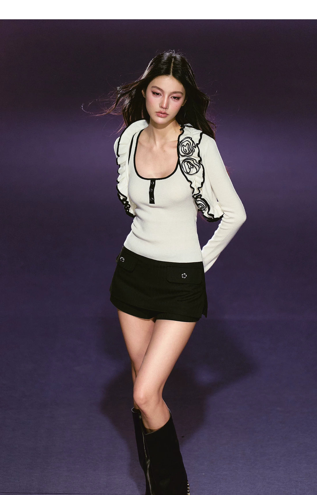 Color-block Rose Cardigan &amp; Racerback Vest Set