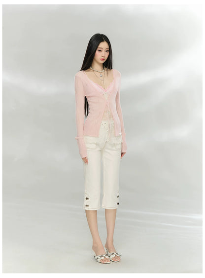 Sheer Layered Lace-Trim Knit Cardigan