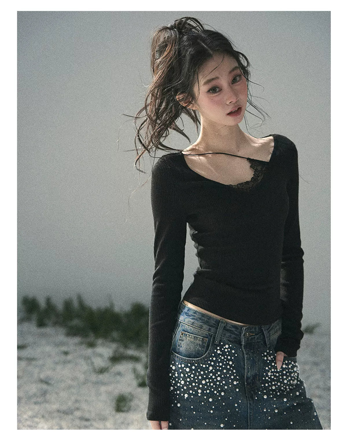 Deep V Lace Knit Top