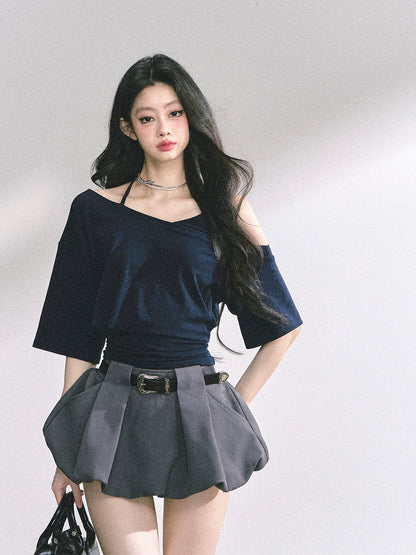 Asymmetric Short-Sleeve Halter Crop T-Shirt