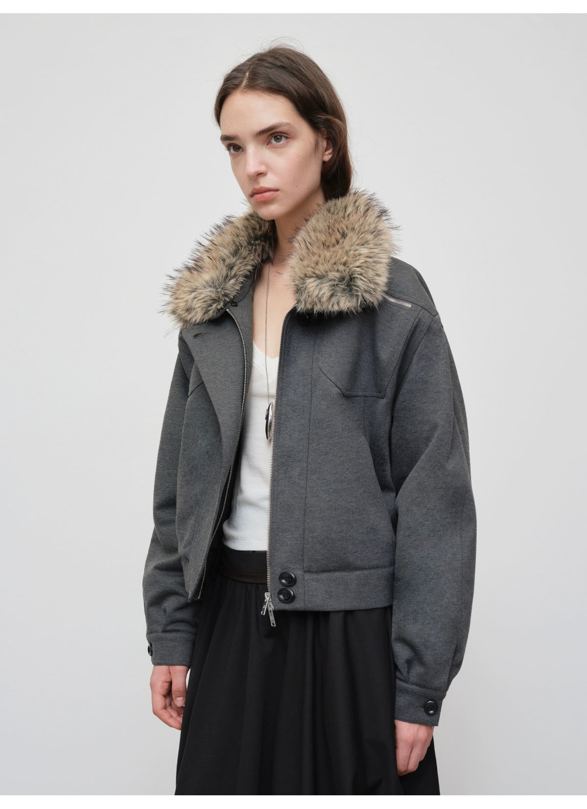 Detachable Fur Collar Knit Zip-Up Jacket