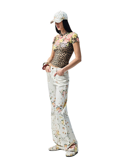 Floral Print Canvas Straight-leg Trousers