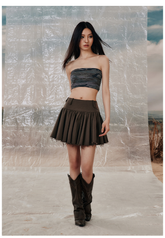 Patchwork Frayed Pleated Mini Skirt - CHINASQUAD