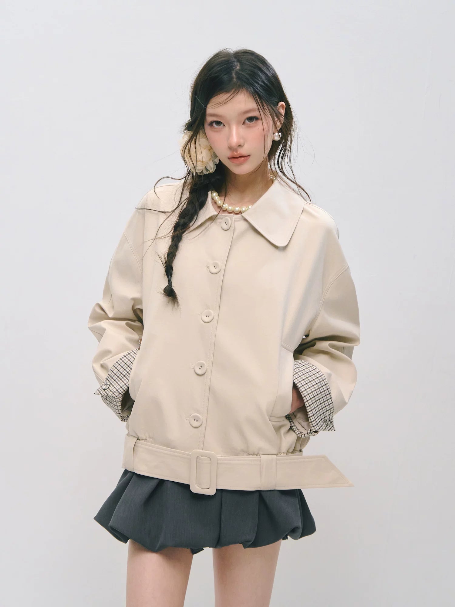 Plaid Panel Button-Down Collared Jacket