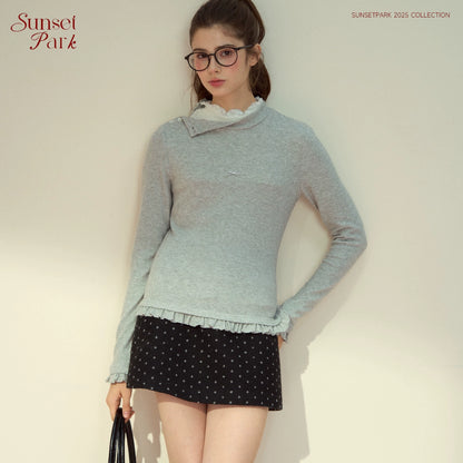 Layered Lace-Texture Mock Neck Knit T-Shirt