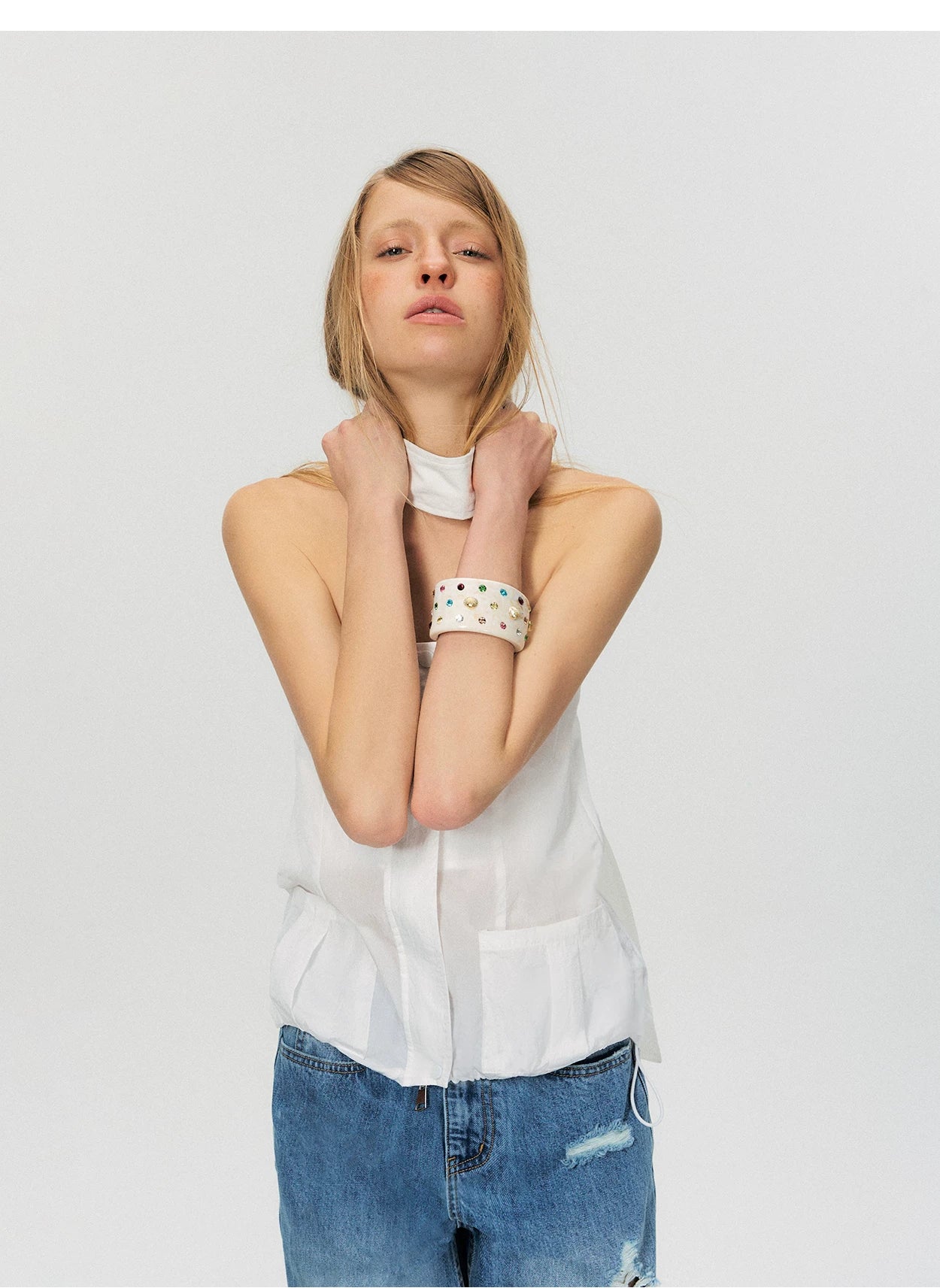 Sheer Utility-Inspired Strapless Peplum Top