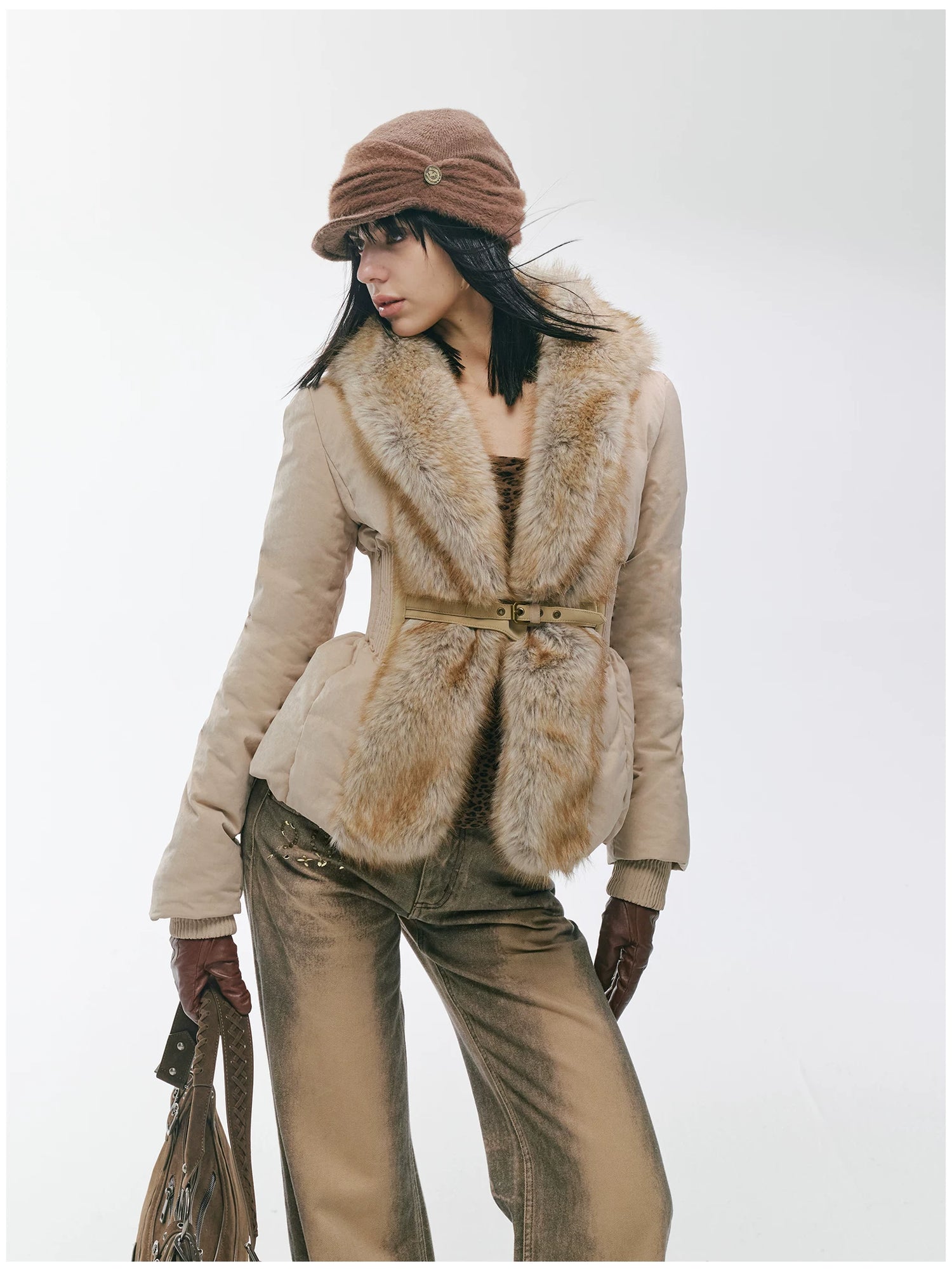 Vintage-Tech Distressed Fur-Panel Down Jacket