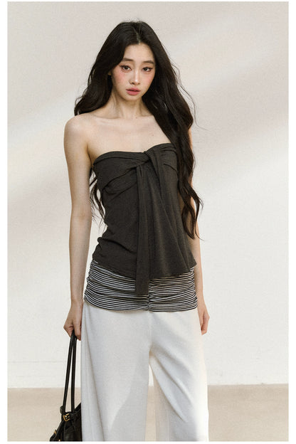 Layered Ruffle-Edge Cardigan &amp; Tube Top Set