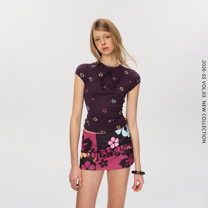 Rhinestone Floral Print Slim Fit Cropped T-Shirt
