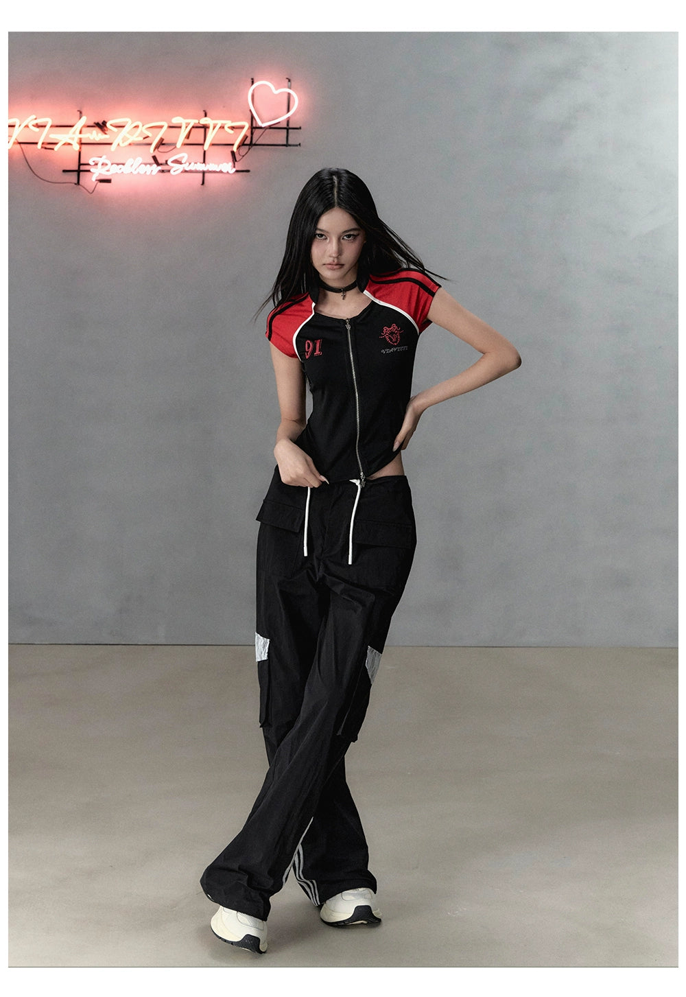 Black Color-blocking with Zipper Waist Short Sleeve