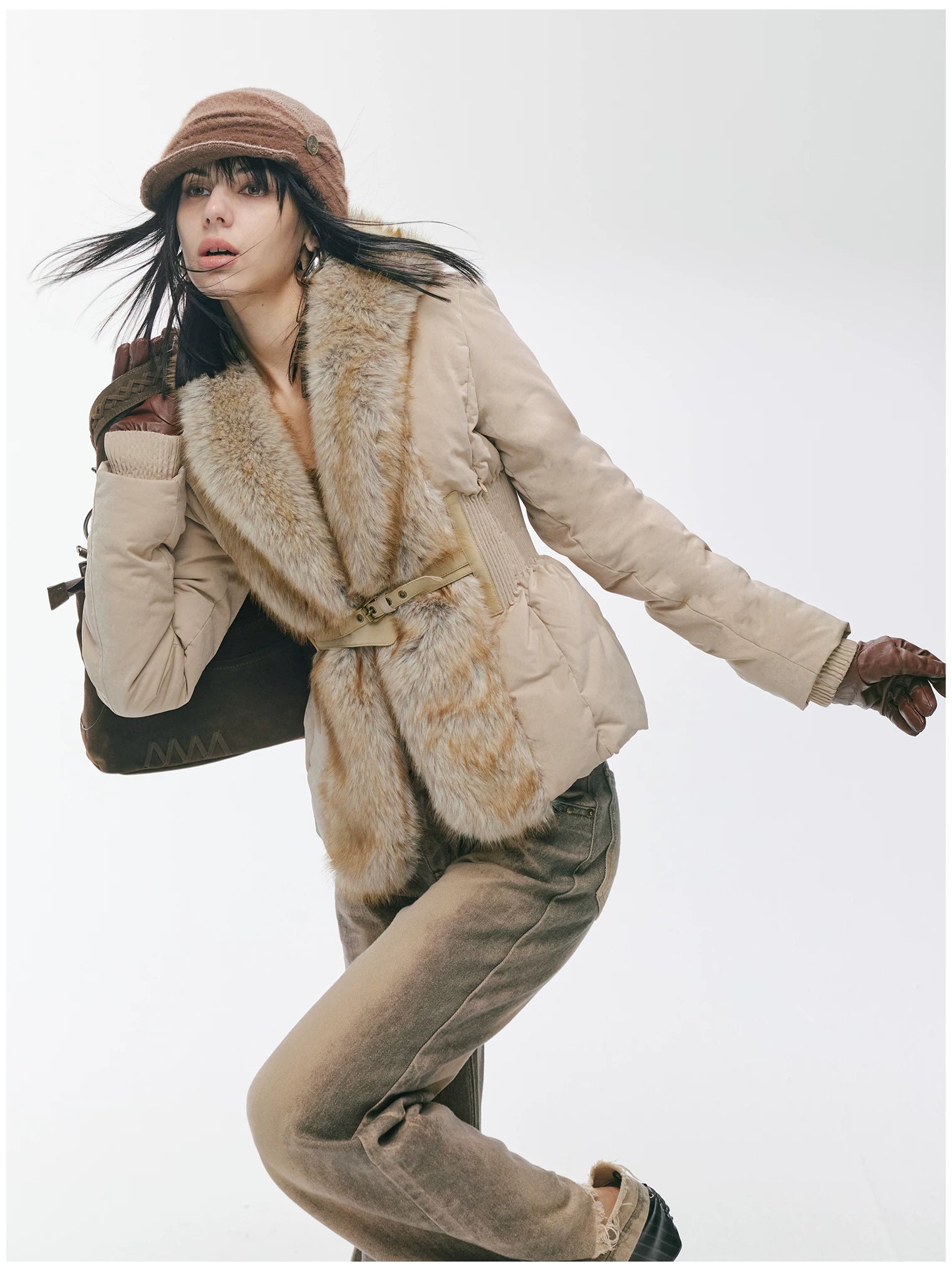 Vintage-Tech Distressed Fur-Panel Down Jacket