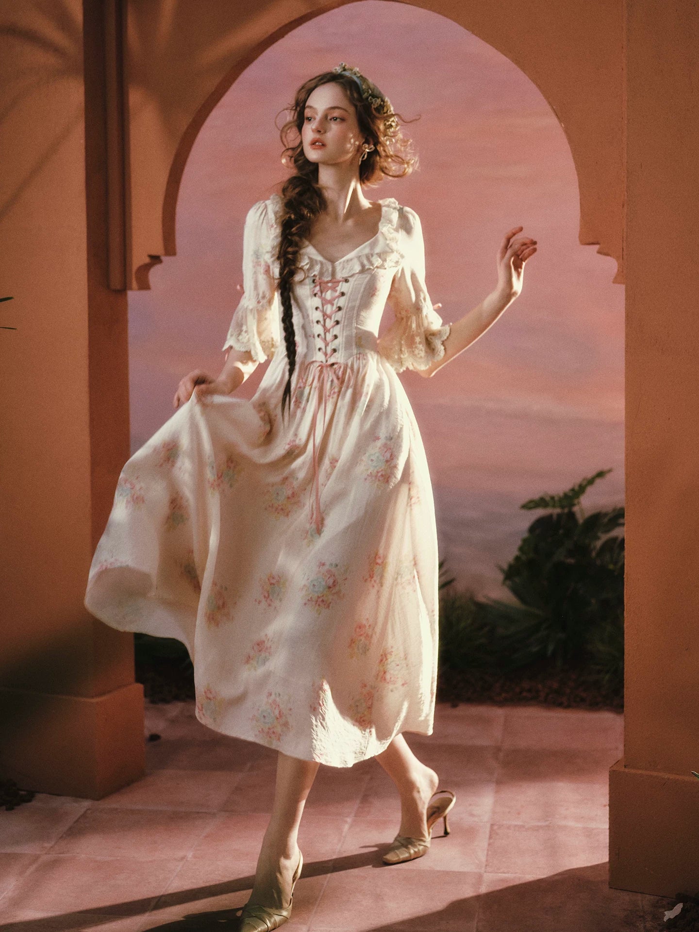 Palm Garden French Countryside Floral Midi Dress