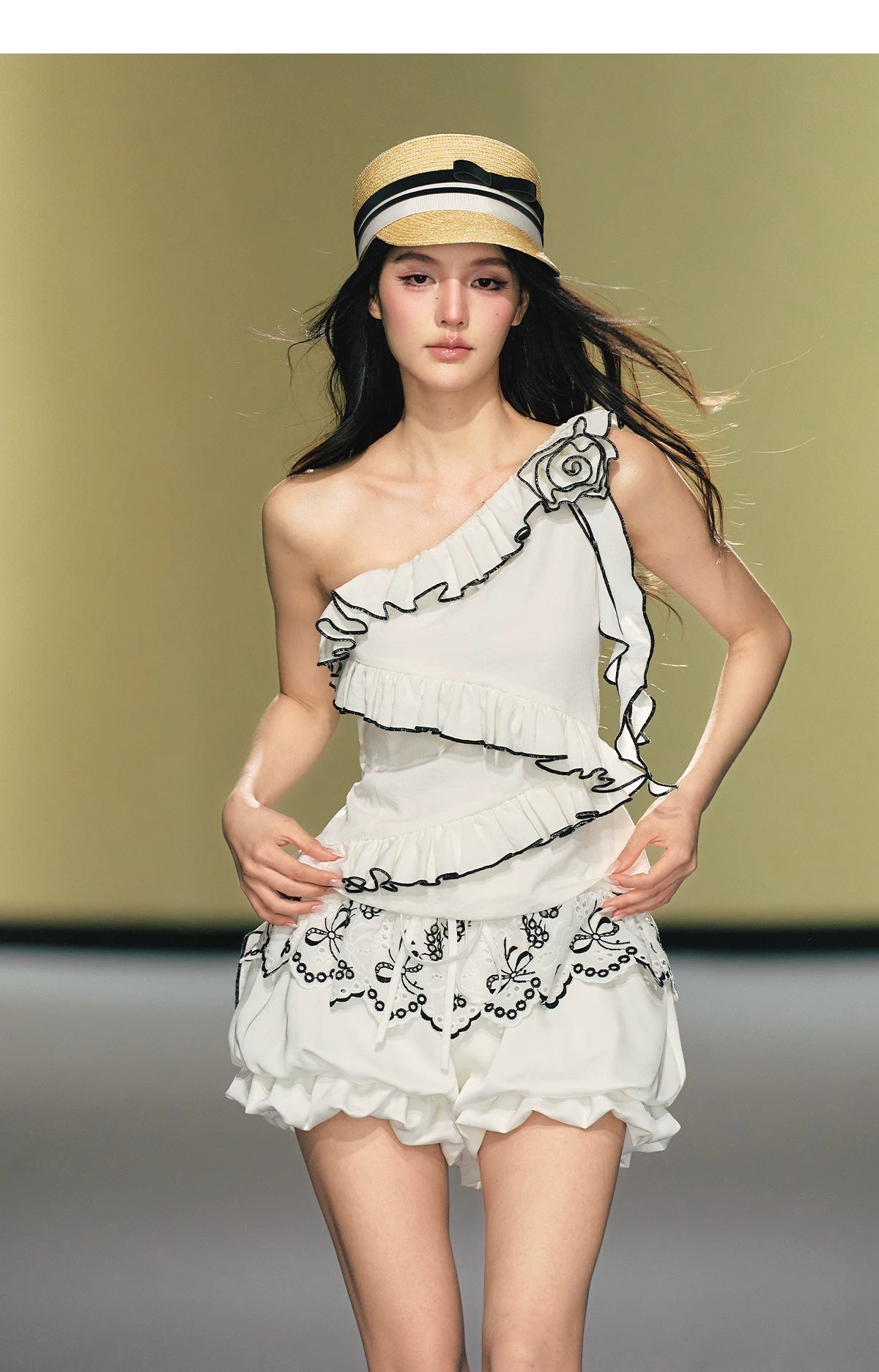 Asymmetric Rose-Trim Layered Top &amp; Puff Bloomers Set