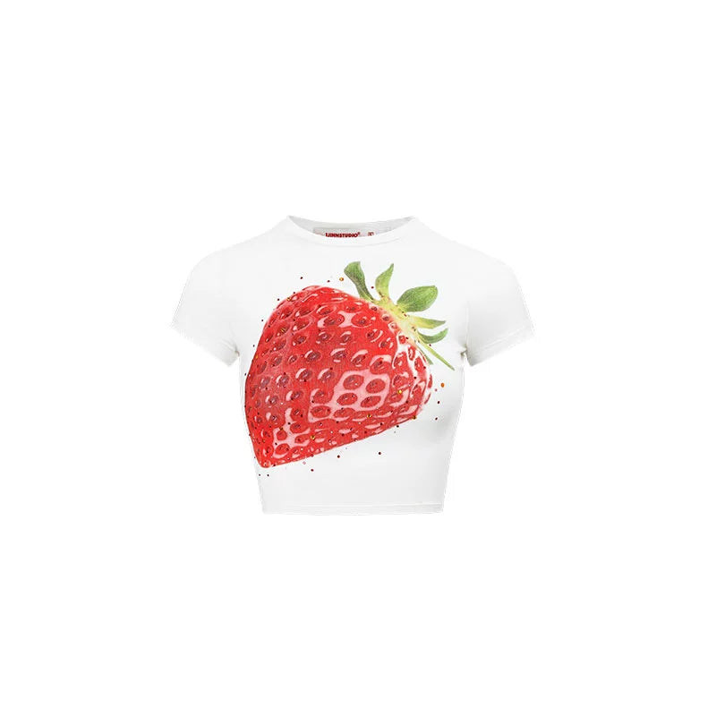 Rhinestone Embellished Fitted Fruit Printed Crop Top - CHINASQUAD