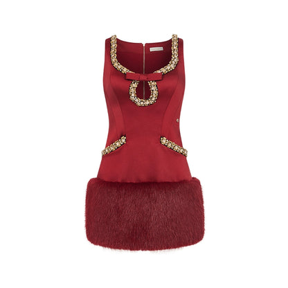 Sable Satin Straight-Cut Faux Fur Dress