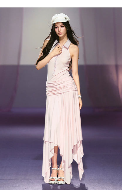 Vintage-Inspired Irregular Hem Shirt-Collar Sleeveless Maxi Dress