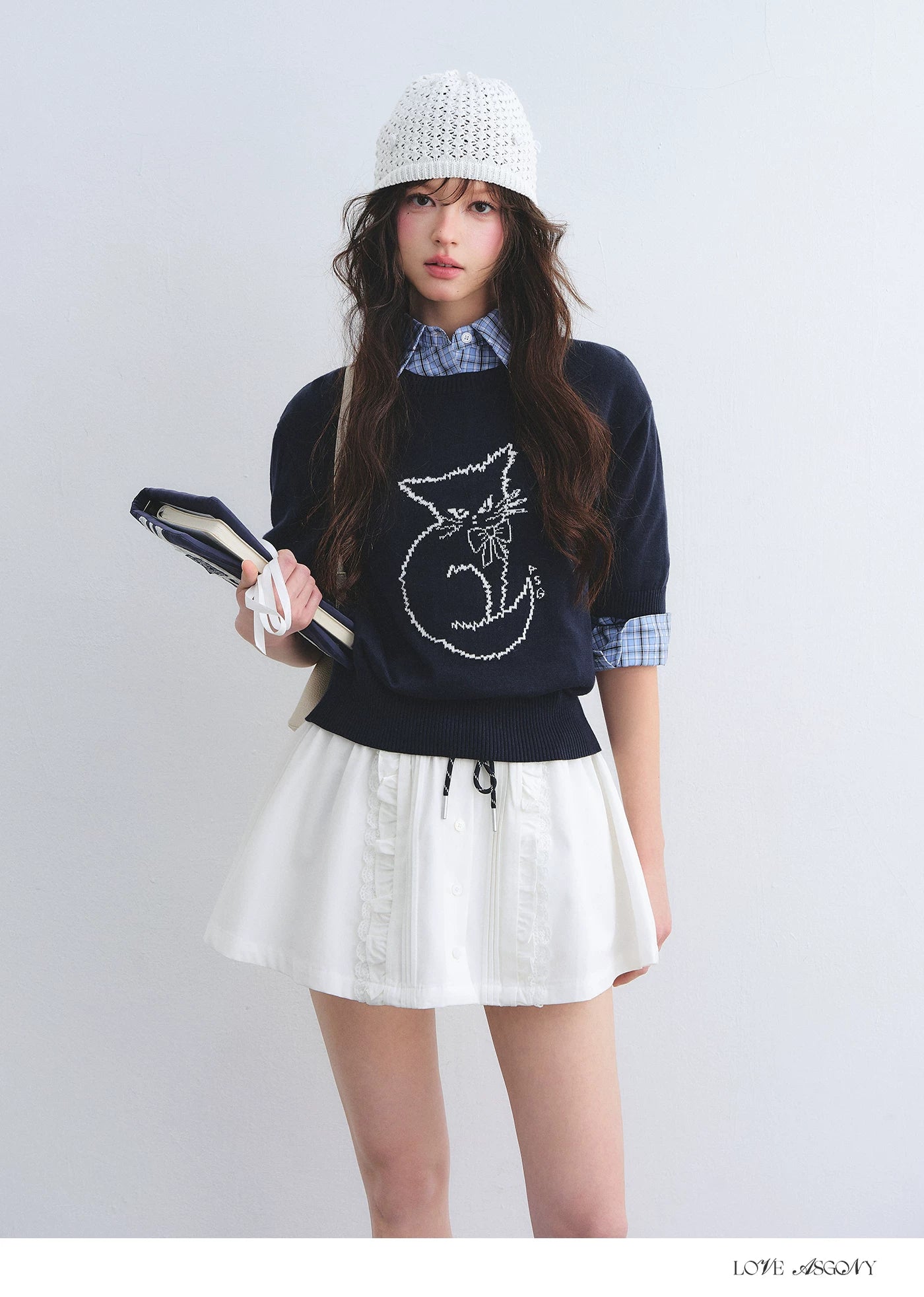 Jacquard Cat Motif Short Sleeve Knit Top