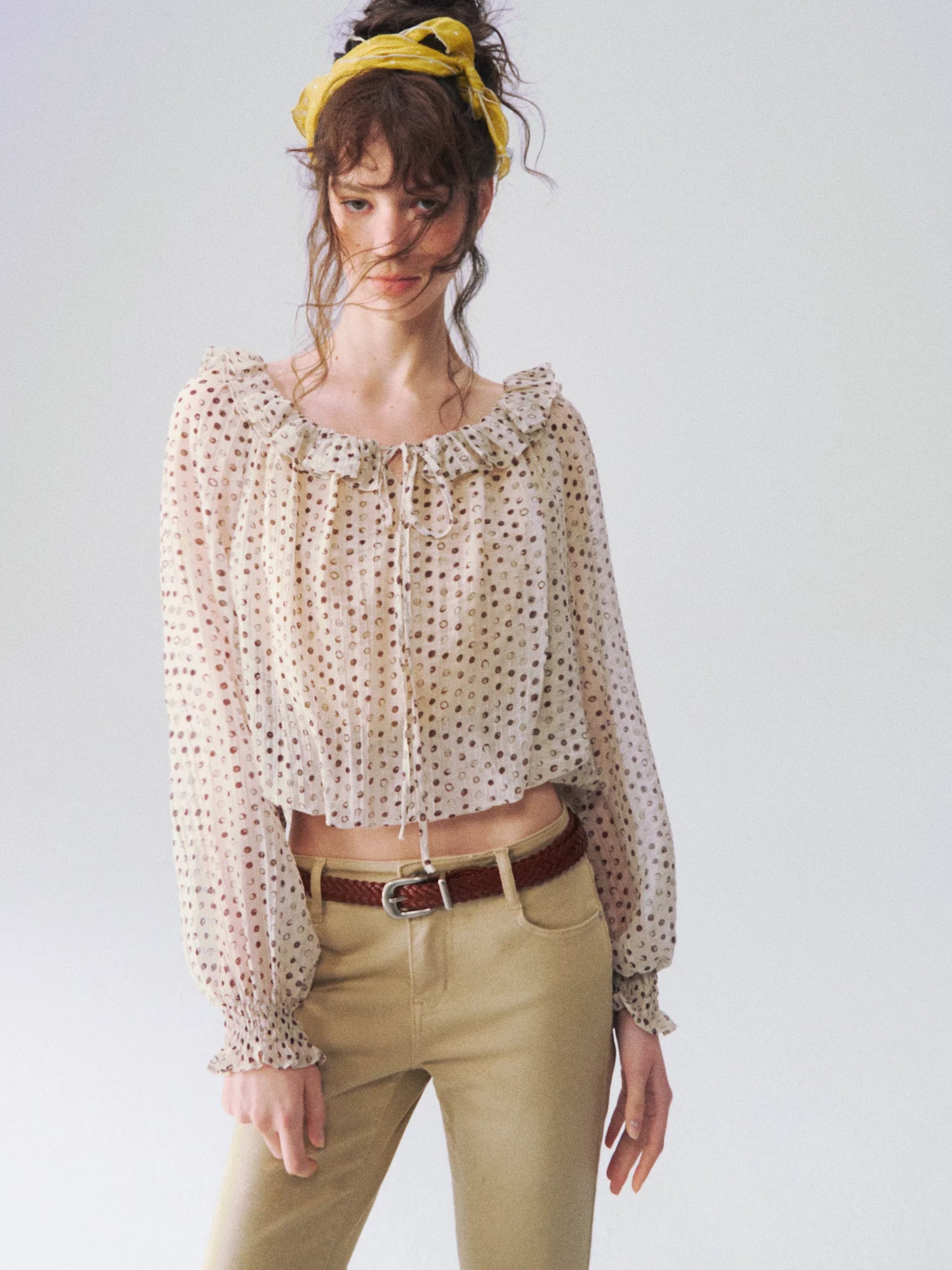 French Polka Dot Off-Shoulder Ruffle Blouse