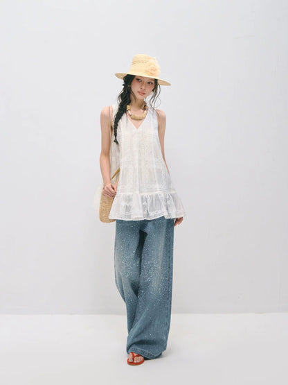 Embroidered Ruffle Trim Sleeveless Dress