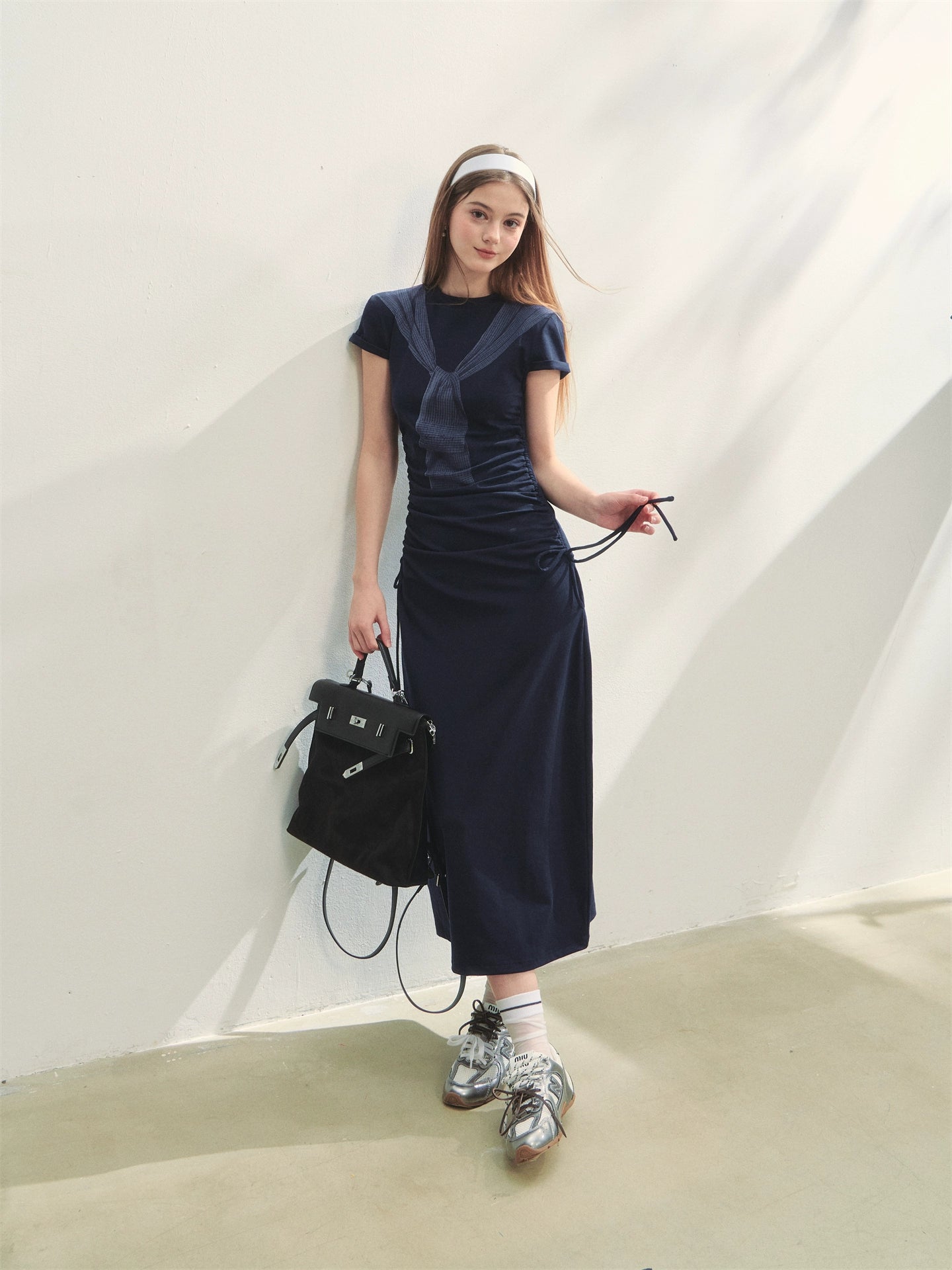 Printed Side Gathered Tie Dress - CHINASQUAD