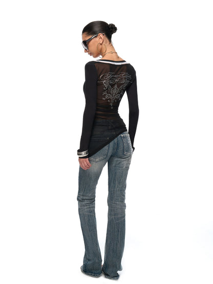 Ruched V-Neck Semi-Sheer Knit Blouse