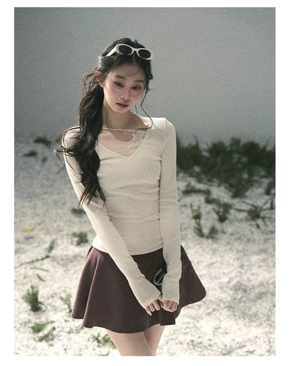 Deep V Lace Knit Top