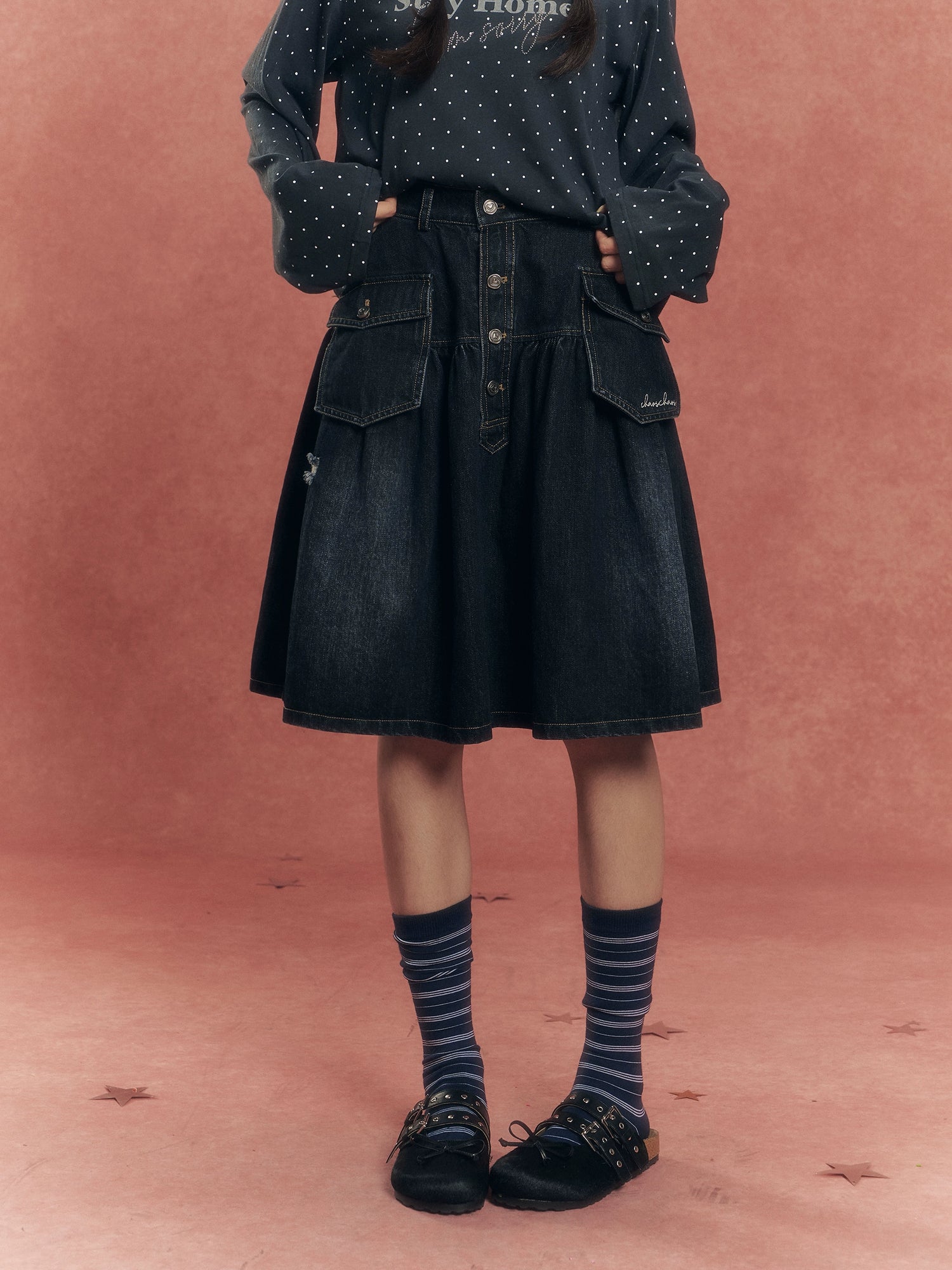 Vintage Washed Denim Utility Midi Skirt