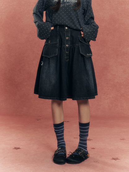 Vintage Washed Denim Utility Midi Skirt